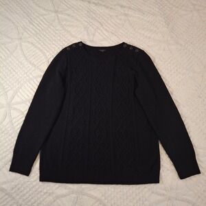 Talbots Womens X Sweater Black Cable Knit Shoulder Button Lambswool Blend